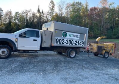 Tree service truck with equipment in forest.