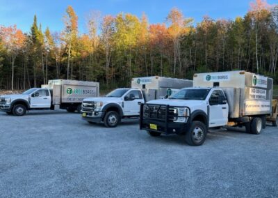 Tree removal trucks parked in gravel lot.
